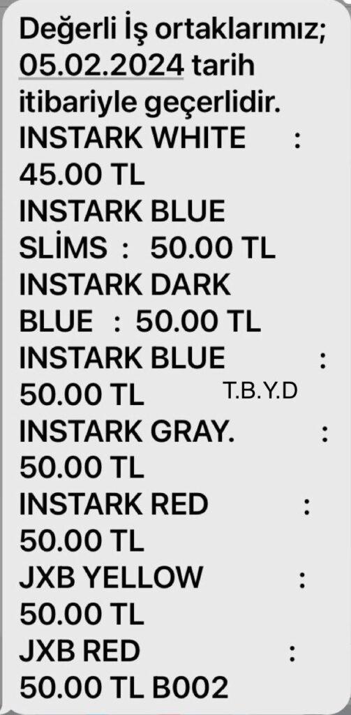 Instark Fiyat Listesi